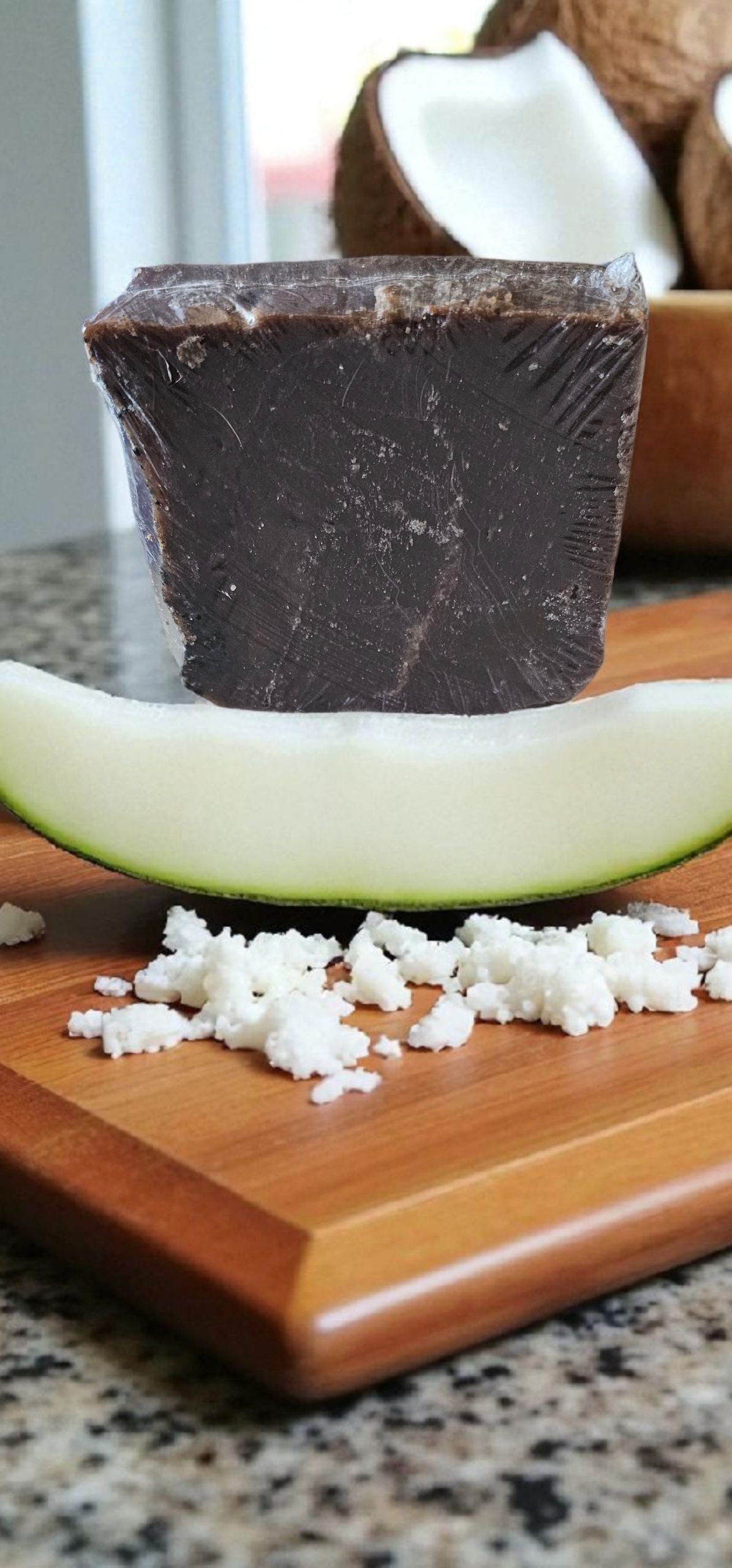 A slice of honeydew and coconut shaving representing the great smell of our cold process soap